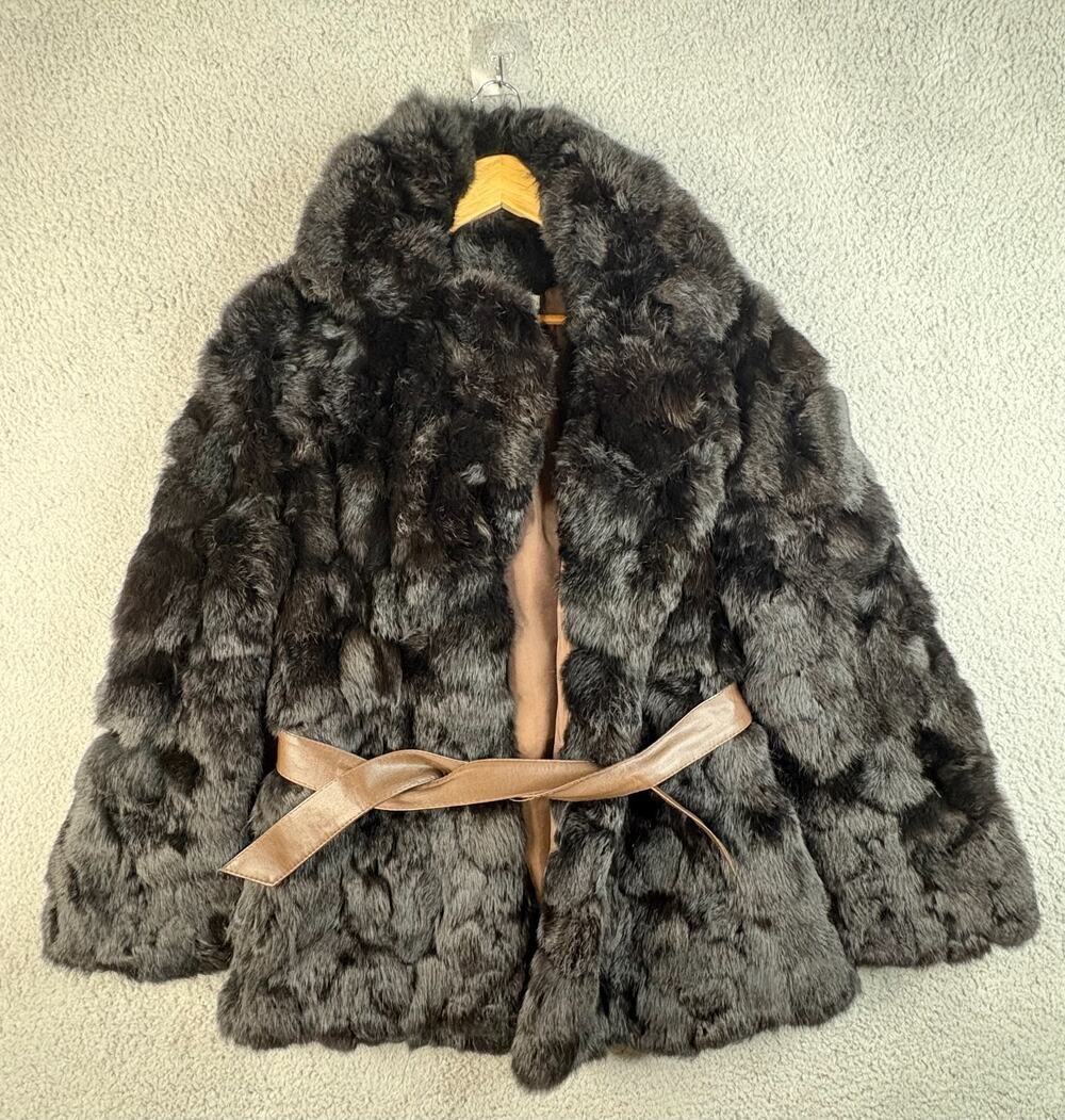Vintage Coat Jacket Women's Small Dark Brown Rabbit Fur Belt Waist Long Sleeves